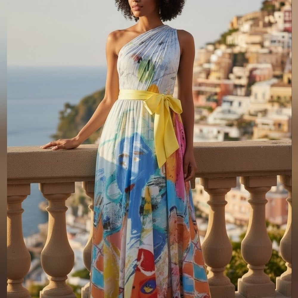 Designer One-Shoulder Maxi Dress – Abstract Print w/ Yellow Sash Alice + Olivia